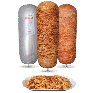 Juicy doner skewer made from finely marinated chicken meat, ready for grilling