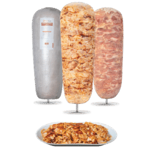 Juicy doner skewer layered with tender beef and turkey, ready for grilling