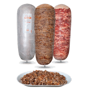 Traditional doner skewer made from thinly sliced, marinated beef, grilled to golden perfection