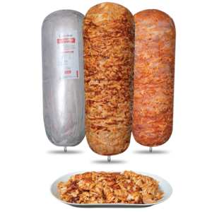 Juicy doner skewer made from finely marinated chicken meat, ready for grilling