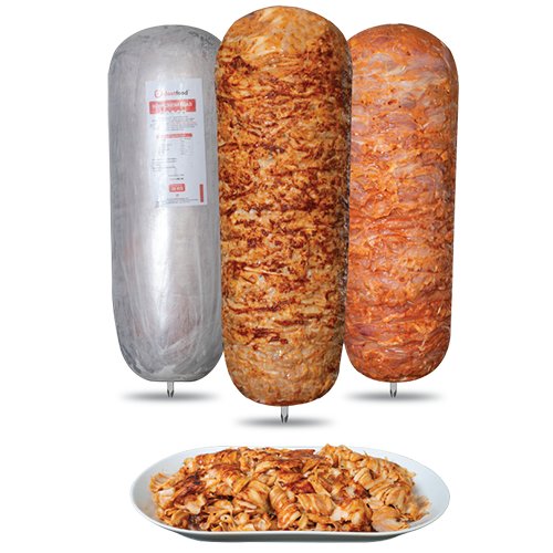 Juicy doner skewer made from finely marinated chicken meat, ready for grilling