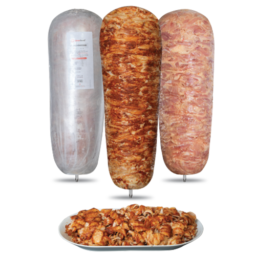 Juicy doner kebab skewer made from a blend of tender chicken and turkey meat, perfectly seasoned and grilled