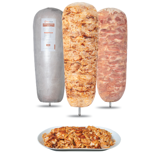 Juicy doner skewer layered with tender beef and turkey, ready for grilling