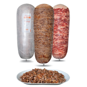 Traditional doner skewer made from thinly sliced, marinated beef, grilled to golden perfection